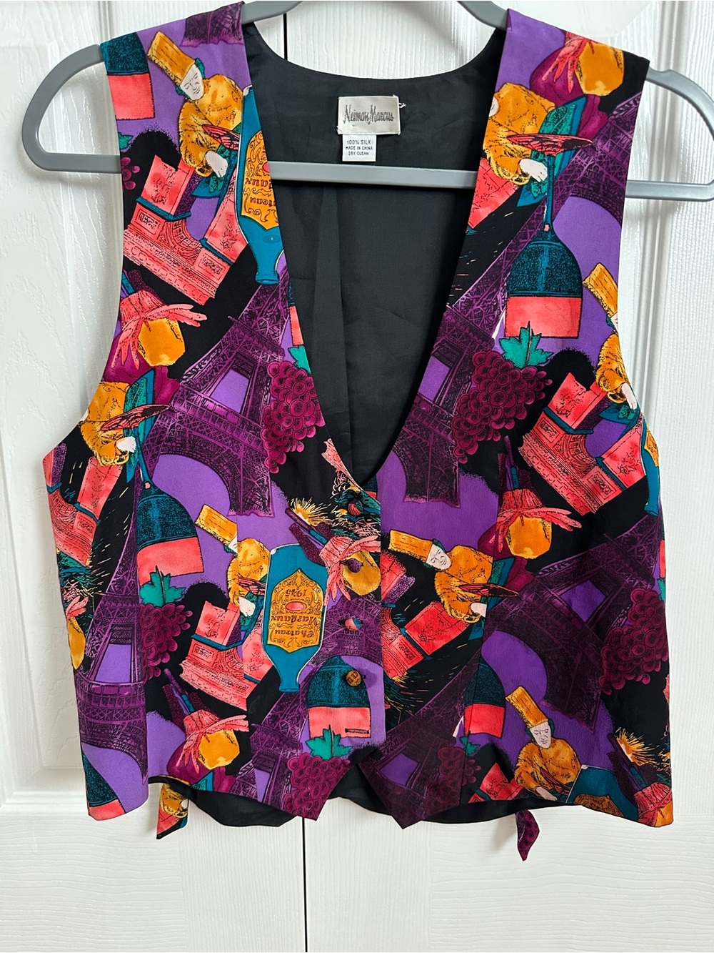 Neiman Marcus Vintage 100 Silk Paris Eiffel Tower Wine Print Vest Small